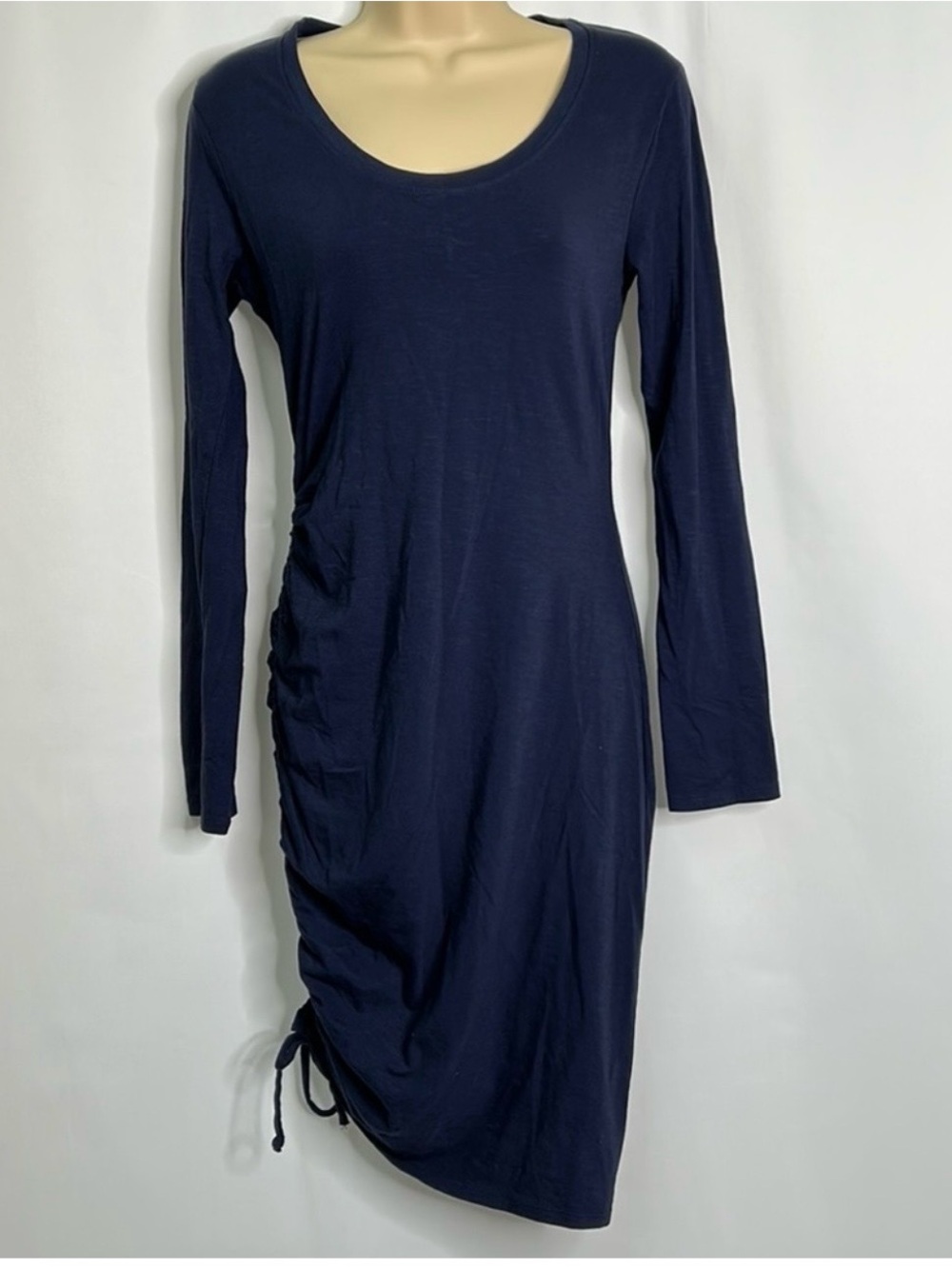 Anthropologie Sundry Navy Long-Sleeve Scoop Neck Ruched Side Dress Size XL
